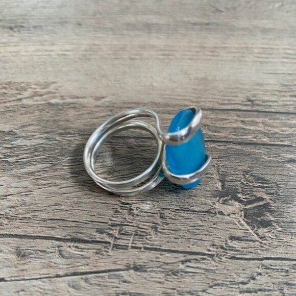 Azure Blue Beach Sea Glass Adjustable Silver RIng Sz 7 - Picture 8 of 10